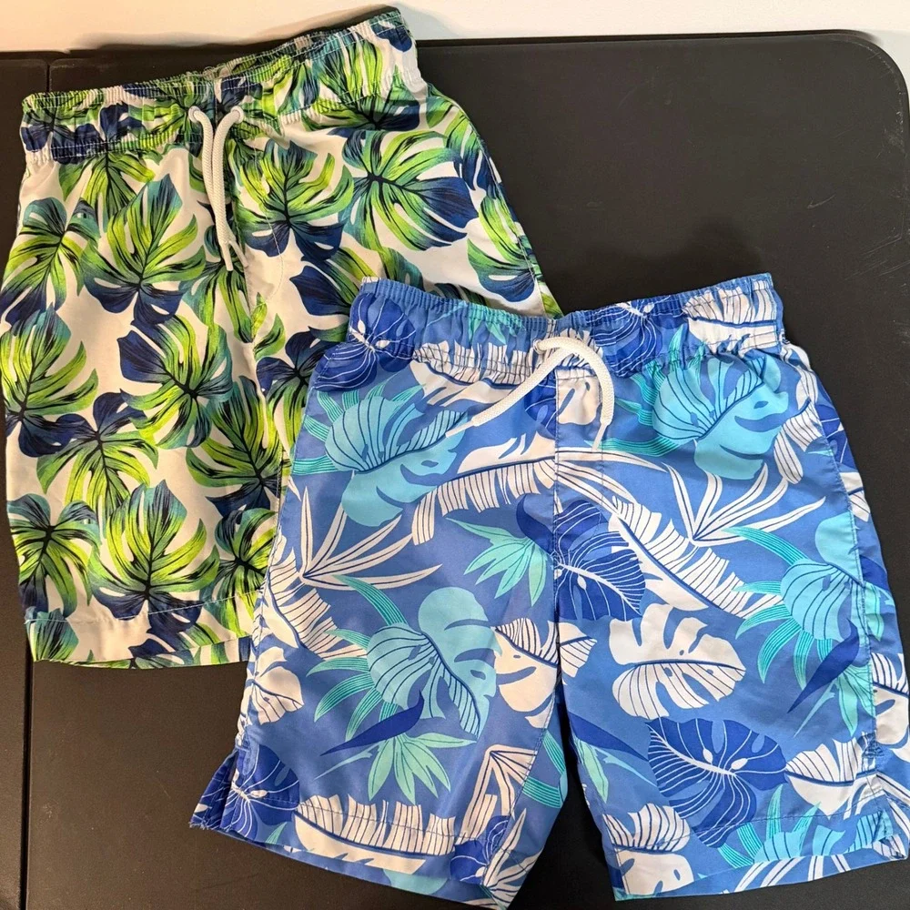 Childrens Place Sport Swim Trunks Kids Medium 7/8 Blue Green Good Tropical 2pk